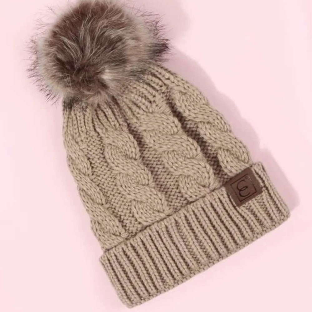 Khaki Brown Knit Beanie with Pom Pom